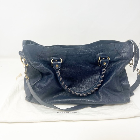 BALENCIAGA Chevre Gold Metallic Edge Hardware City Bleu Nuit Dark Sea - Picture 2 of 6